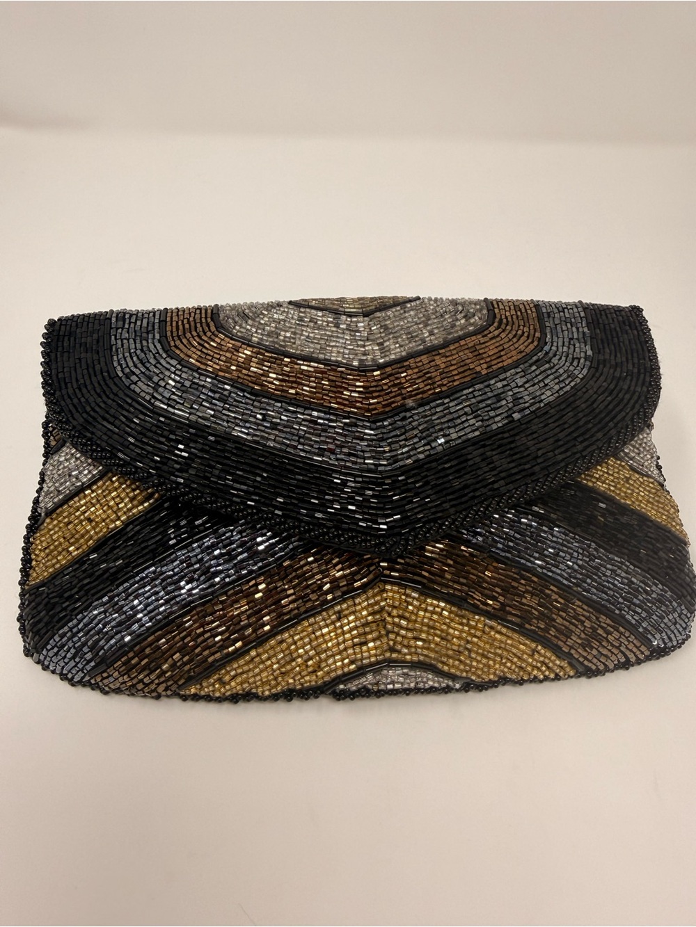 Beaded Chevron Evening Clutch - Black, Gold & Silver